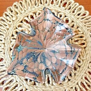 Murano Style Hand Blown Art Glass Leaf‎ Dish Ashtray Black Copper 8" x 8" Flaw
